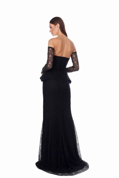 Siyah Peplum Detaylı  Dantelli Abiye  Elbise